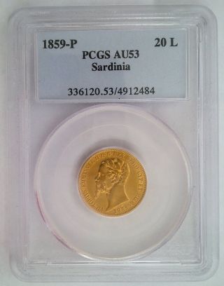 Italy Sardinia 20 Lire Gold 1859 Pcgs Au53 C126 Km126.  2 Torino photo