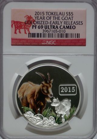 Ngc 2015 Tokelau Year Of Goat Colorized $5 Coin Pf69 Silver 1oz Germany Low photo