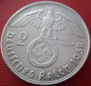 Antique Silver Rare 1938 B 2 Mark Ww2 Nazi Eagle Bullion Very Old Coin (pri26) photo