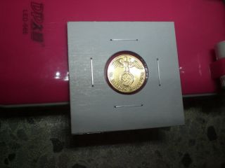 24k Gold Plated.  Nazi German Swastika Coin.  1 Reichspfennig.  1938 - E photo