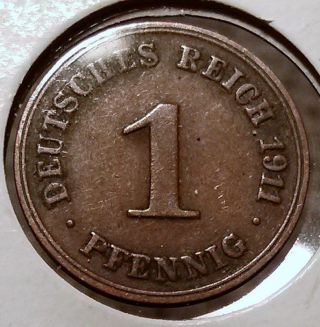 1911 D ? German Empire Reich 1 Pfennig Germany Coin photo