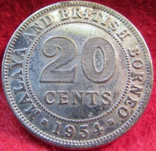 1954 Malaya And British Borneo 20 Cent Coin photo