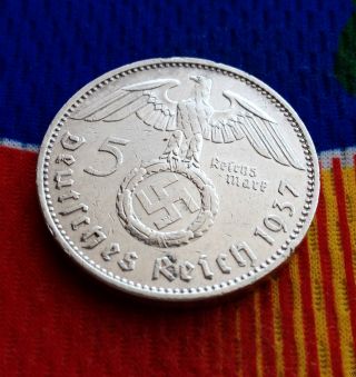 Ww2 German 5 Mark Silver Coin 1937 E Third Reich Swastika Reichsmark photo