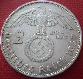 Antique Silver 1937 A Berlin 2 Mark Ww2 Nazi Eagle Bullion Very Old Coin (mka08) photo