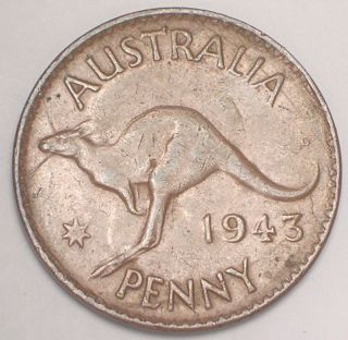 1943 Australia Australian One 1 Penny Wwii Era Kangaroo Coin Vf Scratched photo
