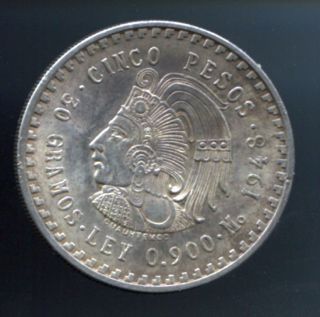 Mexico 1948 Cinco 5 Pesos 90 Coin.  8680 Oz Silver Mexican Cuauhtemoc photo