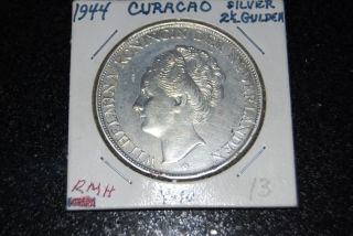 Curacao (netherlands) 1944 Silver 2 1/2 Gulden Coin photo