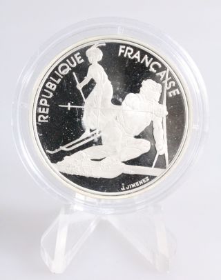 1990 France 100 Francs 1992 Olympic Games Slalom Skiers Silver Proof Coin photo