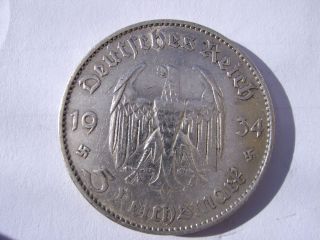 Ww2 Potsdam Church 2 Swastikas 5 Mark Nazi Coin 1934 F 90 Circulated Ungraded photo