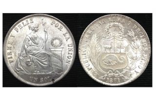 1 One Un Sol 1871 Y.  J,  Republica Peruana Lima 9 Decimos Finos,  Silver Crown Coin photo