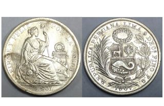 1/2 Sol 1907 Republica Peruana Lima 9 Decimos Finos F.  G. ,  Silver Coin From Peru photo