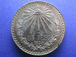 1938 Mexico 1 Peso.  720 Silver: Very Choice Gem Bu Blazing White Km 455 photo