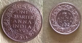 King George Vi 1/12 & Quarter Anna Coin Reddish Brown - 1939 photo