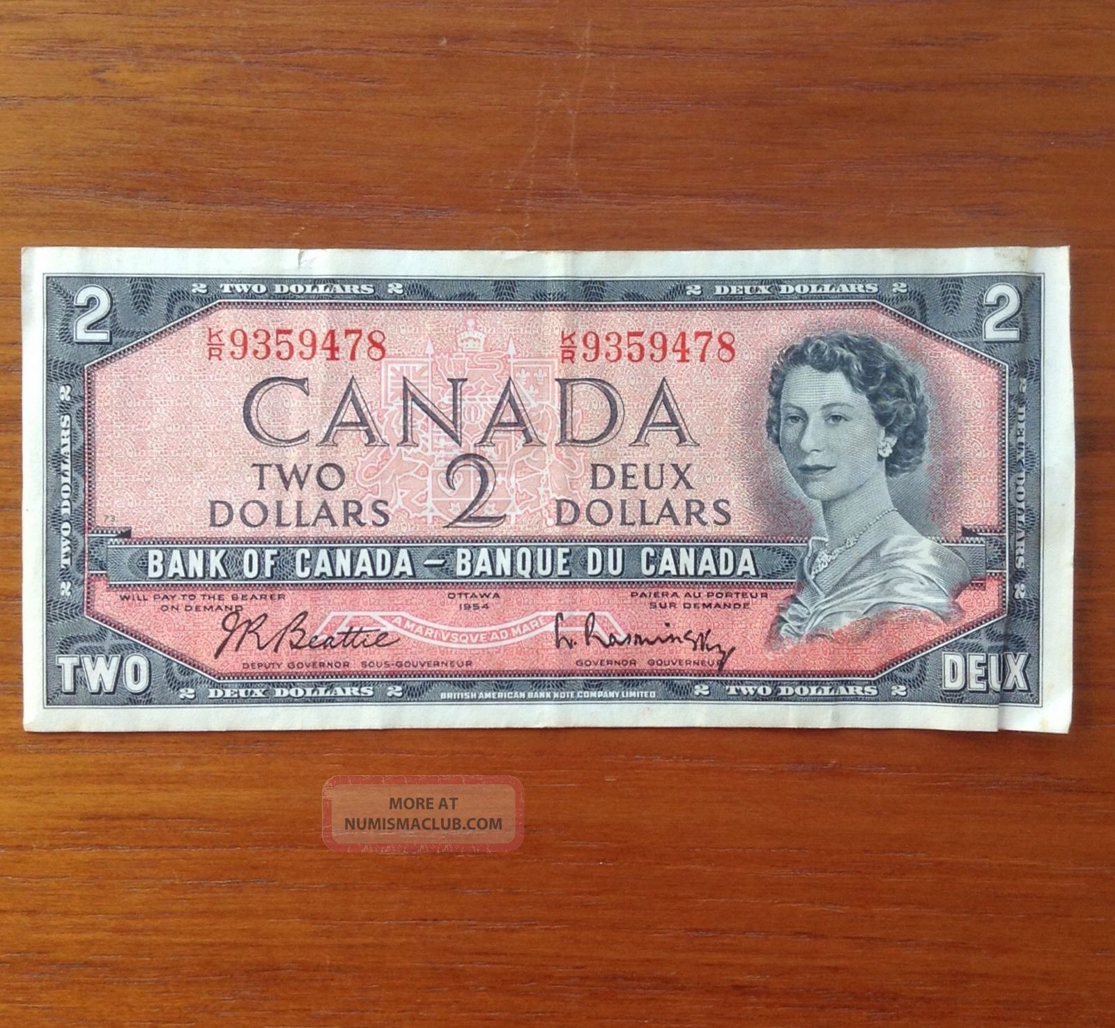 Vintage Canadian 2 Dollar Bill 1954 Circulated