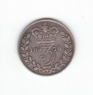 1870 Great Britain Queen Victoria Silver Threepence.  Gvf photo
