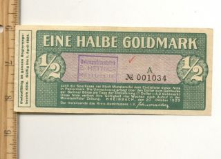 1924 Vg Germany Weimar Republic One Half Gold Mark Inflationary Period Note photo