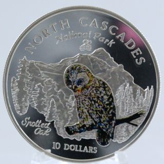 1998 Cook Island $10 North Cascades National Park Spotted Owl Silver Proof Coin photo