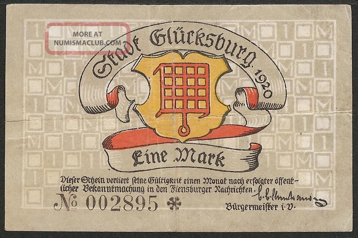Stadt GlÜcksburg - 1 Mark 1920 Germany Deutschland Notgeld Europe photo