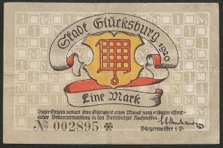 Stadt GlÜcksburg - 1 Mark 1920 Germany Deutschland Notgeld photo