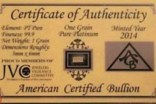 5 X Pt Solid Platinum Bullion Acb Minted 1grain Bar 99.  9 Pure W/ photo