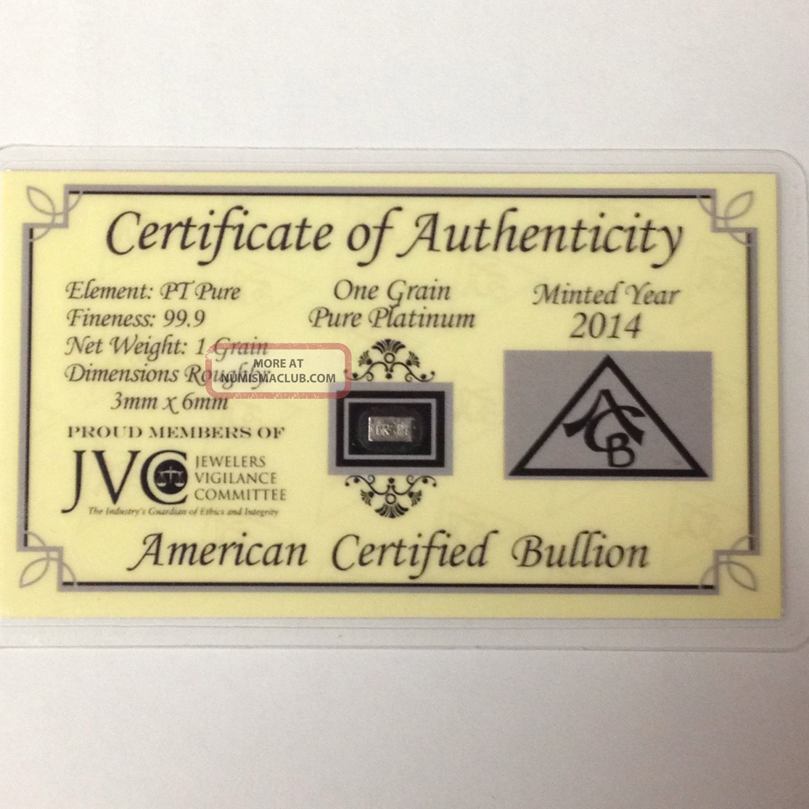2014 Acb Platinum Solid Bullion Minted 1grain Bar 99.  9 Pure Certificate Platinum photo