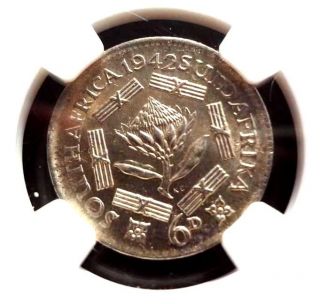 1942 South Africa Silver 6 Pence 6p Ngc Au58 Pop 14 Coin Great Price photo