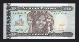 Eritrea,  10 Nakfa,  1997,  First Currency,  P - 3,  Unc Aa Prefix photo