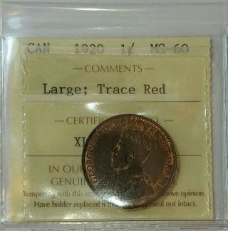 1920 Canada Large One Cent Iccs Graded Ms - 60 Trace Red photo