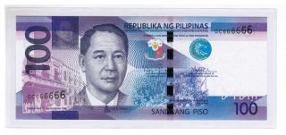 100 Peso Gc 666666 2014 Philippines Ngc (generation Cu) Aquino Iii Solid photo