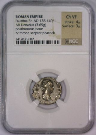 Faustina Sr 138 - 140/1 Ad Roman Silver Ancient Peacock Ar Denarius Ngc Ch Vf photo