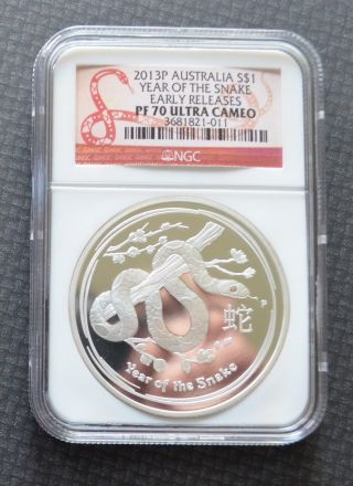 2013 - P Australia $1 Ounce Silver Year Of The Snake Ngc Pf70 Uc Early Release, photo