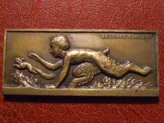 Art Deco Young Satyr Chasing A Squirrel Rare Medal By Georges Crouzat photo