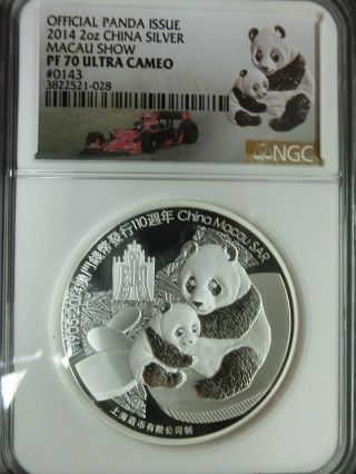 China - Macau 2014 Panda Ngc Pf70 Ultracameo 2 Oz.  Silver Offical Medal Rare photo