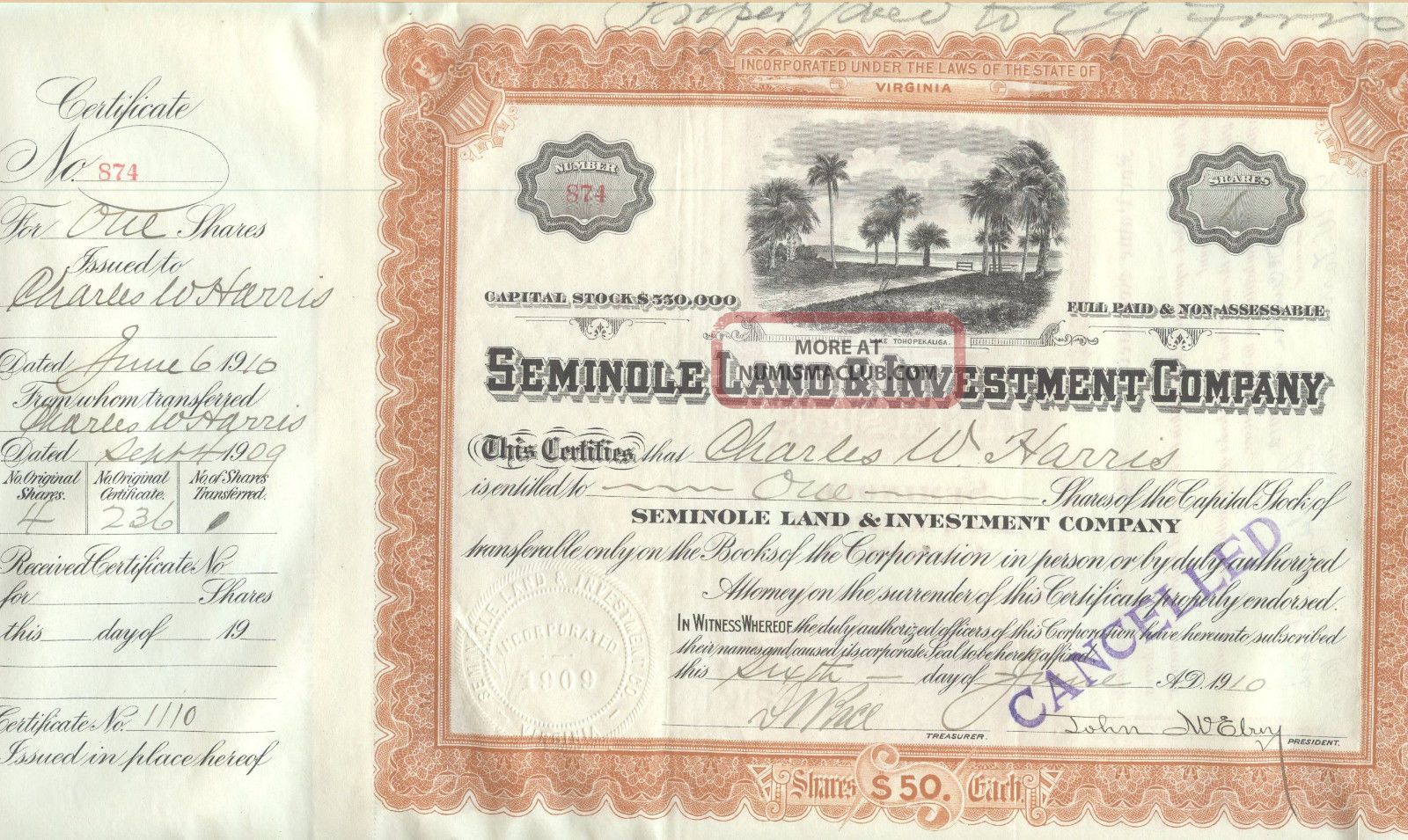 1910 Seminole Land & Investment Co Stock Certificate St.  Cloud Florida Civil War Stocks & Bonds, Scripophily photo