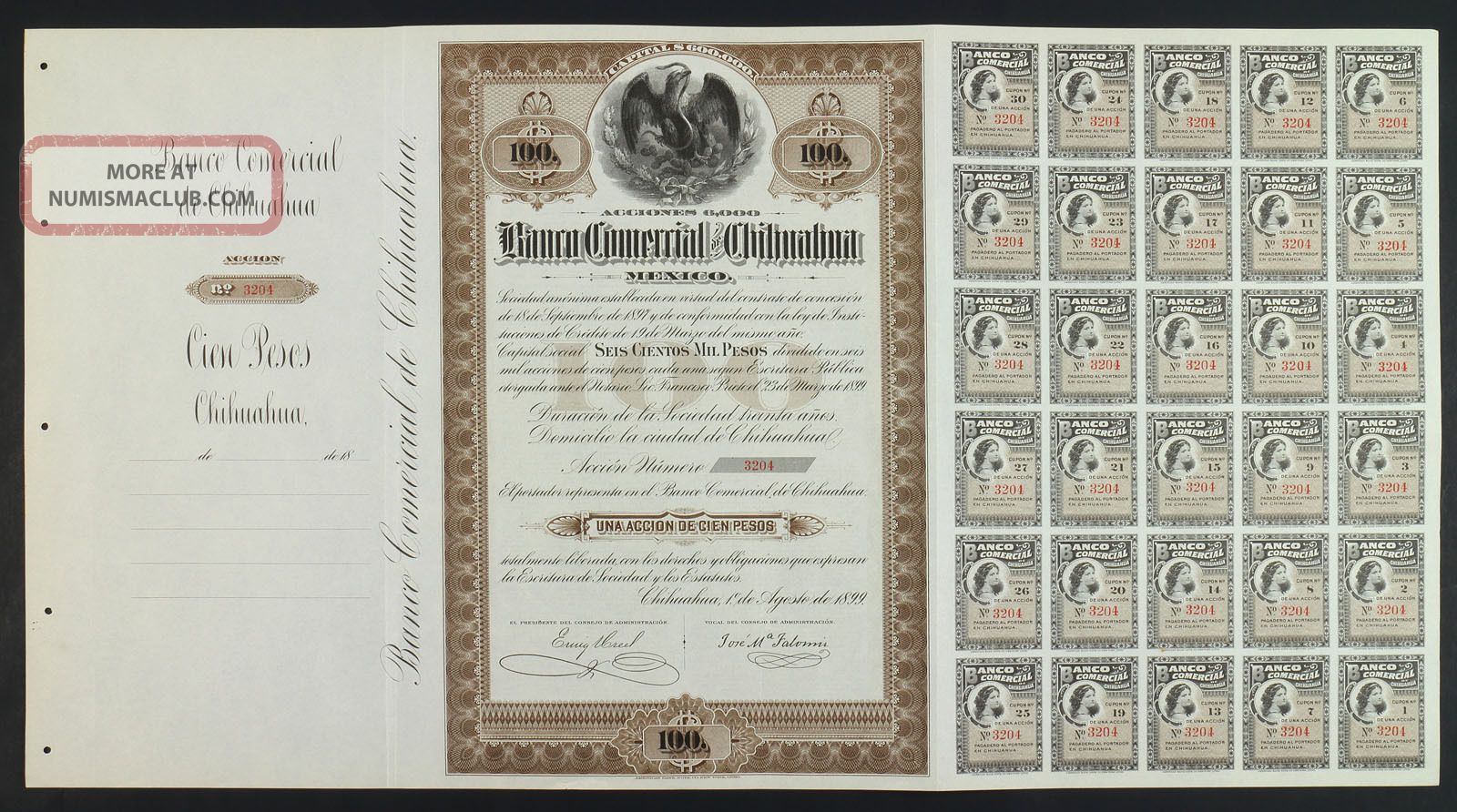 Mexico 1899 Banco Comercial De Chihuahua Una Acción De $100 (30 Cupones De 30) Stocks & Bonds, Scripophily photo