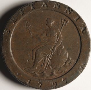 1797 Britannia George Iii Penny Copper Very Fine 1 1/2 