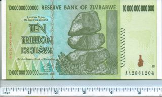 Zimbabwe 10 Trillion Dollars On 1 Banknote,  Aa/2008,  P - 88,  Unc,  Trillion Series photo