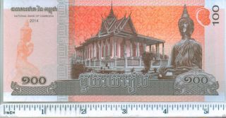 1x Cambodia 2014 Monk Buddha Norodom Temple Amitabha Unc 100 Riels Banknote photo