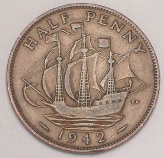 1942 Uk Great Britain British Half 1/2 Penny Warship Wwii Coin Vf photo