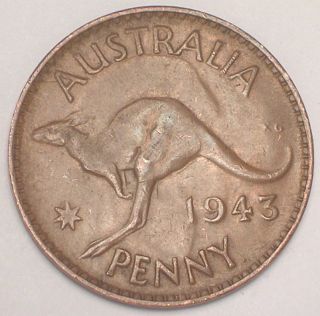 1943 Australia Australian One 1 Penny Wwii Era Kangaroo Coin F, photo