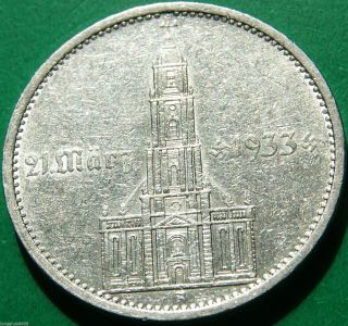German Silver Coin 5 Rm 1934 A Garrison Church,  With Date.  900 Silver photo