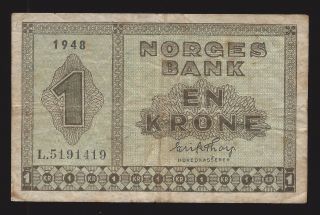 Norway Norges Bank 1 Krone 1948 L Prefix photo