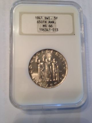 Silver Switzerland 5 Francs,  1941,  650th Anniversary Of Confederation Ngc Ms66 photo