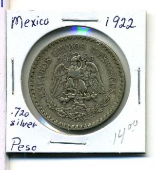 Mexico Peso 1922 - M, .  720 Silver,  Vf photo