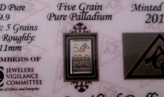 Acb Palladium 5grain Bar 99.  9 Pure Pd Bullion Minted W/certificate,  Silk Bag photo
