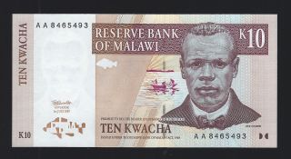 Malawi 10 Kwacha 1997 Aa Pick 37 Unc Banknote. photo