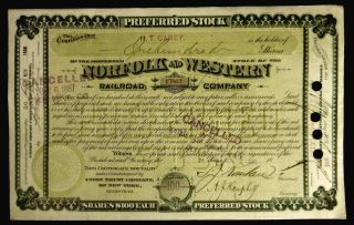 Stock Certificate Norfolk & Western Railroad Company Virginia Preferred photo