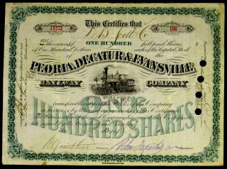 Stock Certificate Peoria Decatur & Evansville Railway Co 100 Shares Capital 1888 photo