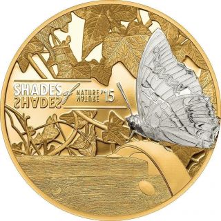 Cook Islands 2015 $5 Shades Of Nature - Butterfly Proof Silver Coin Gold Gilded photo
