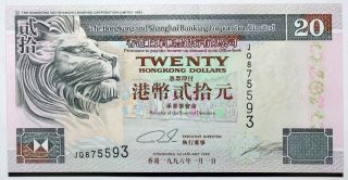 Hong Kong & Shanghai Banking Corp.  20 Dollars,  1996,  Unc Banknote,  Pick 201b photo